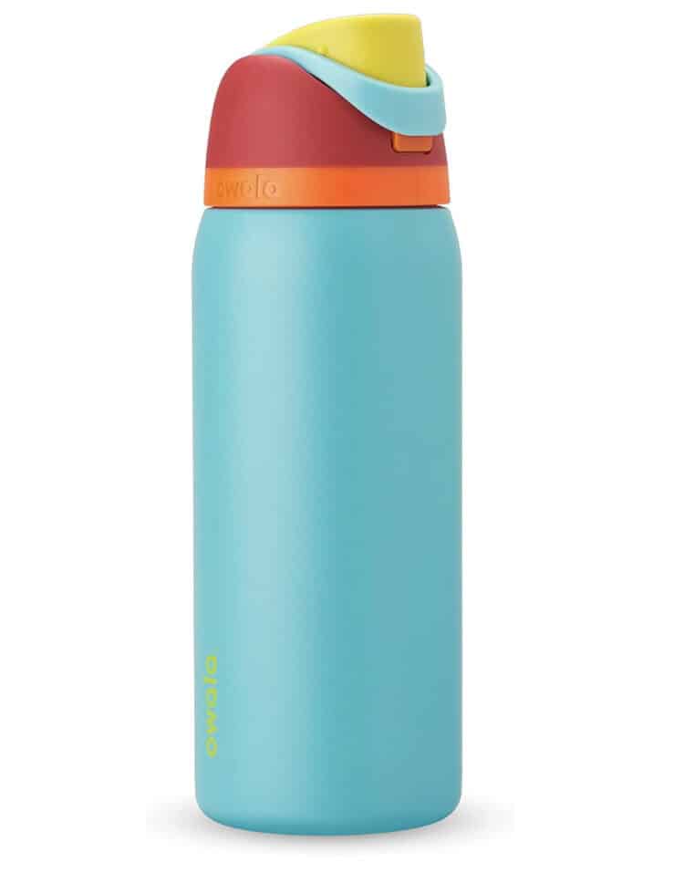 Teal, red, and orange Owala water bottle.